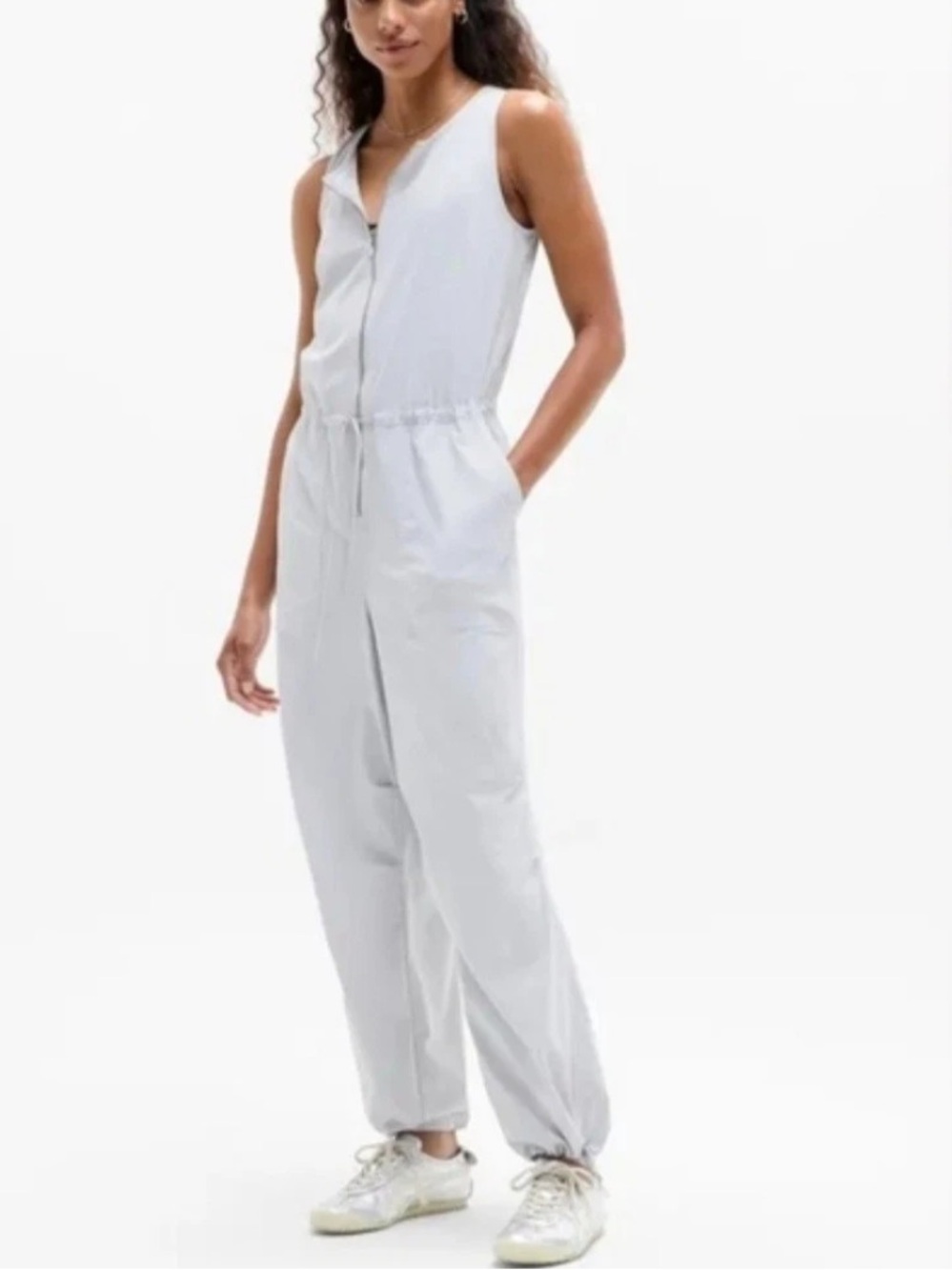 Athleta Flex Jumpsuit Light Gray Size Large Utility Travel Athleisure UPF 40+